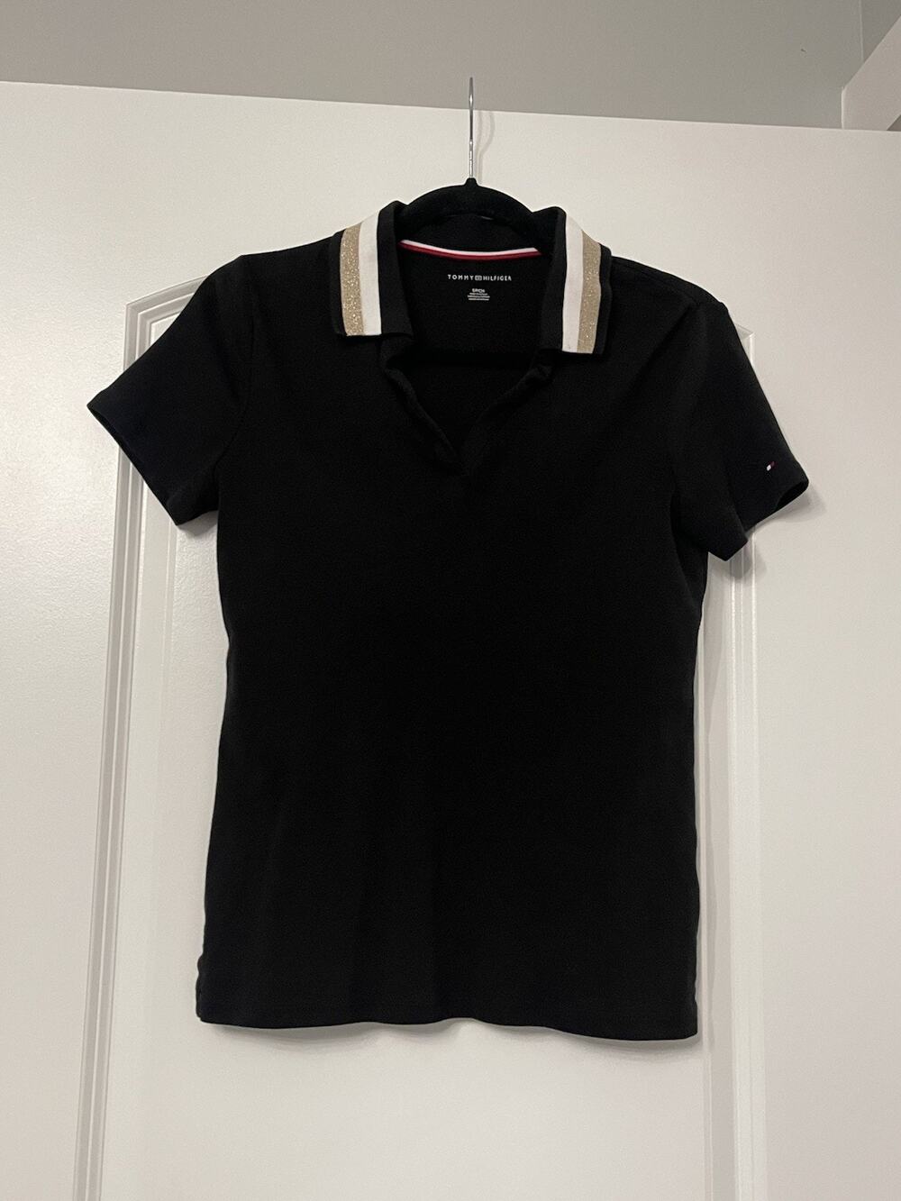 Tommy Hilfiger Black Glitter Stripe Collar Polo,Sz Small- Excellent Condition